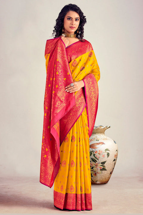 VastraLakshmi Beleaguer Yellow Soft Banarasi Silk Saree With Elision Blouse Piece