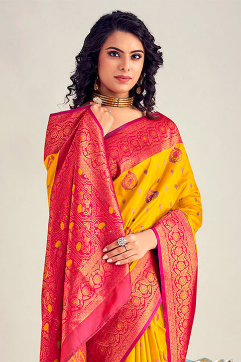 VastraLakshmi Beleaguer Yellow Soft Banarasi Silk Saree With Elision Blouse Piece