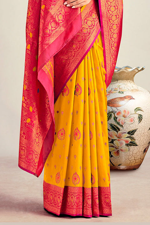 VastraLakshmi Beleaguer Yellow Soft Banarasi Silk Saree With Elision Blouse Piece