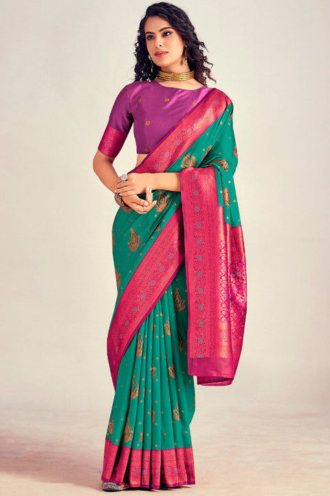 VastraLakshmi Ethnic Rama Soft Banarasi Silk Saree With Staring Blouse Piece