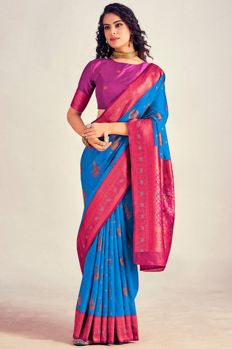 VastraLakshmi Majesty Blue Soft Banarasi Silk Saree With Flameboyant Blouse Piece