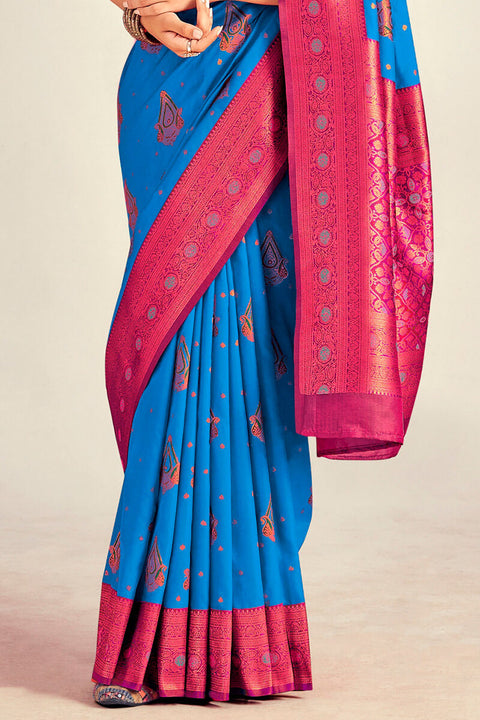 VastraLakshmi Majesty Blue Soft Banarasi Silk Saree With Flameboyant Blouse Piece