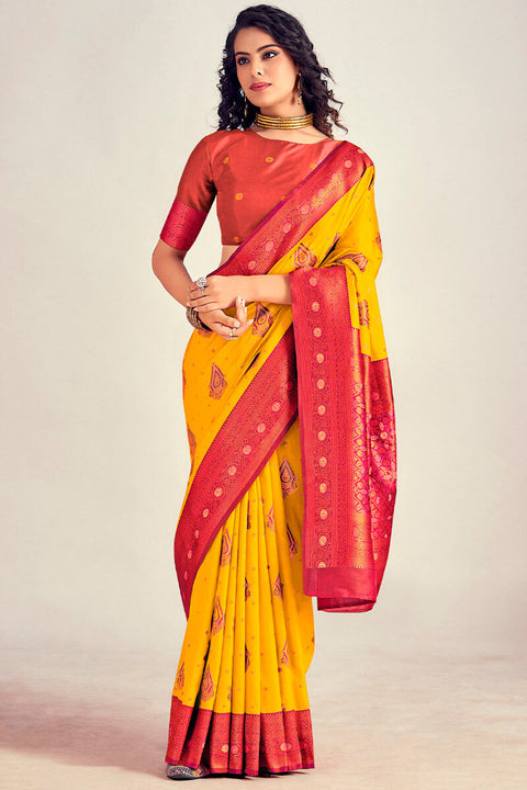 VastraLakshmi Symmetrical Yellow Soft Banarasi Silk Saree With Snappy Blouse Piece