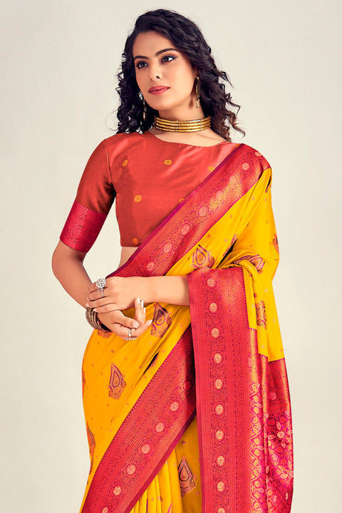 VastraLakshmi Symmetrical Yellow Soft Banarasi Silk Saree With Snappy Blouse Piece