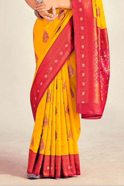 VastraLakshmi Symmetrical Yellow Soft Banarasi Silk Saree With Snappy Blouse Piece