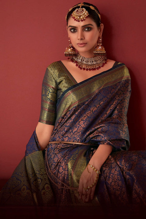 VastraLakshmi Amazing Navy Blue Kanjivaram Silk Saree With Mesmerising Blouse Piece