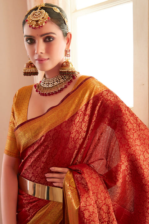 VastraLakshmi Phenomenal Red Kanjivaram Silk Saree With Appealing Blouse Piece