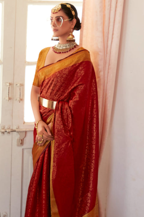 VastraLakshmi Phenomenal Red Kanjivaram Silk Saree With Appealing Blouse Piece