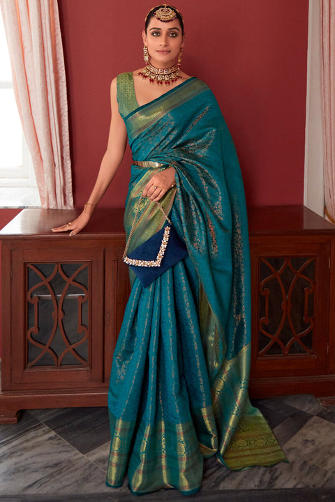 VastraLakshmi Ravishing Rama Kanjivaram Silk Saree With Flameboyant Blouse Piece