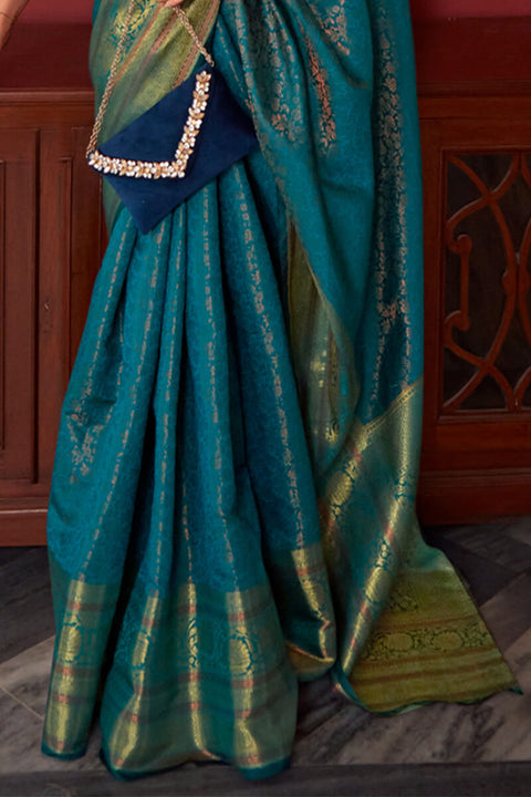 VastraLakshmi Ravishing Rama Kanjivaram Silk Saree With Flameboyant Blouse Piece