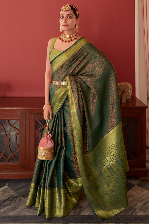 VastraLakshmi Classic Green Kanjivaram Silk Saree With Ailurophile Blouse Piece