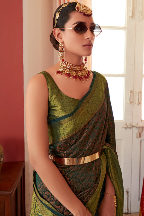 VastraLakshmi Classic Green Kanjivaram Silk Saree With Ailurophile Blouse Piece