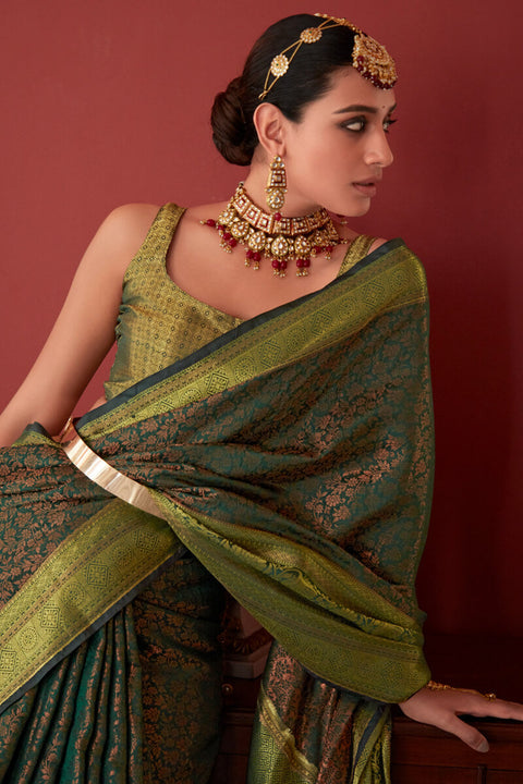 VastraLakshmi Classic Green Kanjivaram Silk Saree With Ailurophile Blouse Piece