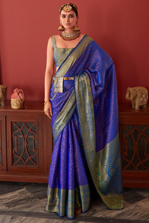 VastraLakshmi Effervescent Royal Blue Kanjivaram Silk Saree With Petrichor Blouse Piece