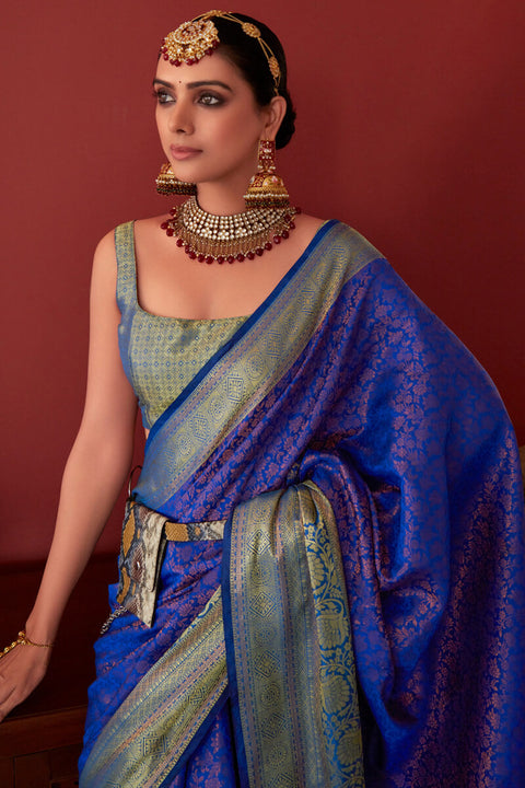 VastraLakshmi Effervescent Royal Blue Kanjivaram Silk Saree With Petrichor Blouse Piece