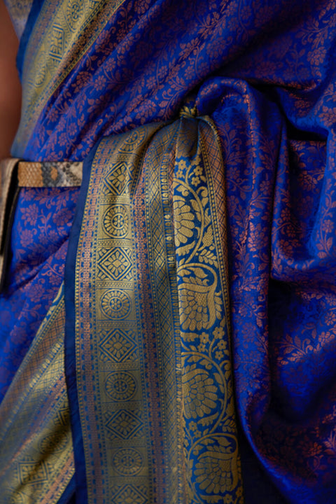 VastraLakshmi Effervescent Royal Blue Kanjivaram Silk Saree With Petrichor Blouse Piece