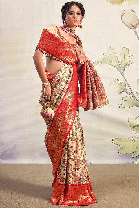 VastraLakshmi Classy Beige Kalamkari Printed Saree With Winsome Blouse Piece