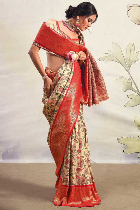 VastraLakshmi Classy Beige Kalamkari Printed Saree With Winsome Blouse Piece