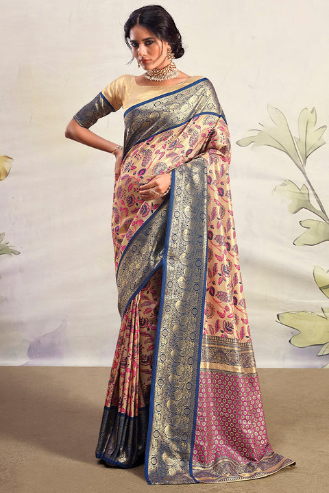 VastraLakshmi Stylish Beige Kalamkari Printed Saree With Mellifluous Blouse Piece