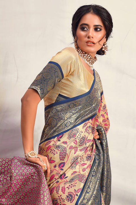 VastraLakshmi Stylish Beige Kalamkari Printed Saree With Mellifluous Blouse Piece