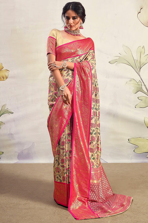 VastraLakshmi Beautiful Beige Kalamkari Printed Saree With Exquisite Blouse Piece