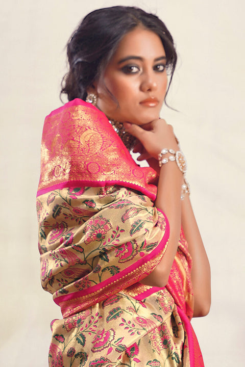 VastraLakshmi Beautiful Beige Kalamkari Printed Saree With Exquisite Blouse Piece