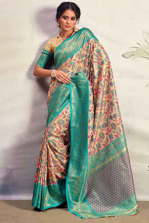 VastraLakshmi Breathtaking Beige Kalamkari Printed Saree With Quixotic Blouse Piece