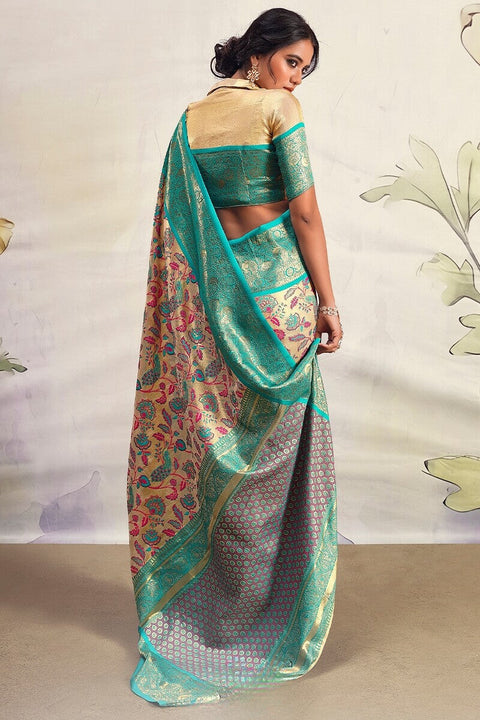 VastraLakshmi Breathtaking Beige Kalamkari Printed Saree With Quixotic Blouse Piece