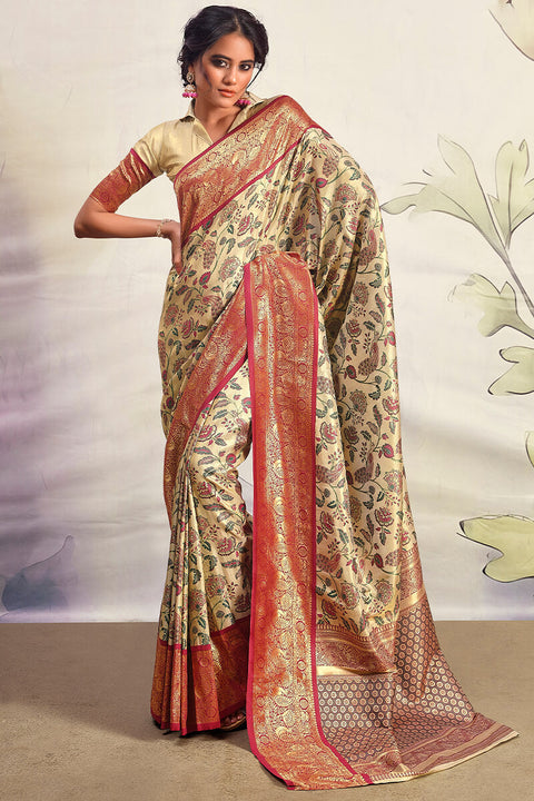 VastraLakshmi Mesmeric Beige Kalamkari Printed Saree With Ravishing Blouse Piece