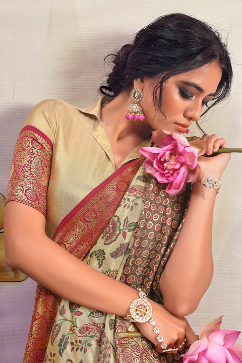 VastraLakshmi Mesmeric Beige Kalamkari Printed Saree With Ravishing Blouse Piece