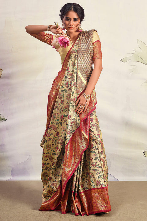 VastraLakshmi Mesmeric Beige Kalamkari Printed Saree With Ravishing Blouse Piece