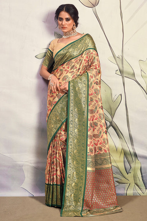 VastraLakshmi Fairytale Beige Kalamkari Printed Saree With Ethereal Blouse Piece