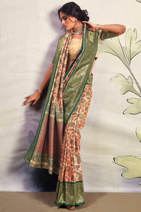 VastraLakshmi Fairytale Beige Kalamkari Printed Saree With Ethereal Blouse Piece