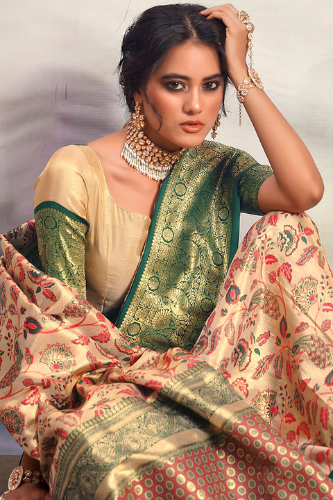 VastraLakshmi Fairytale Beige Kalamkari Printed Saree With Ethereal Blouse Piece