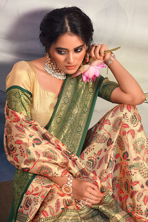 VastraLakshmi Fairytale Beige Kalamkari Printed Saree With Ethereal Blouse Piece