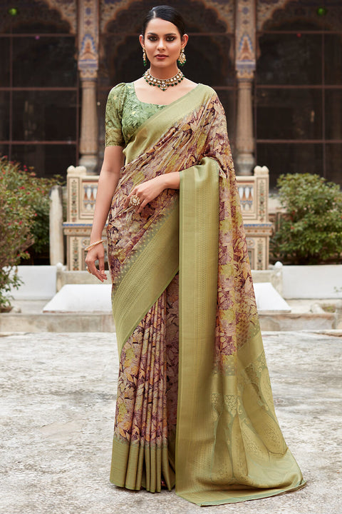 VastraLakshmi Pleasurable Mehandi Digital Printed Crape Silk Saree With Piquant Blouse Piece