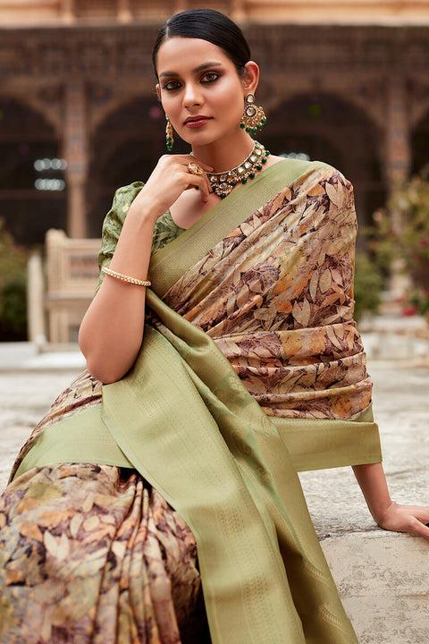 VastraLakshmi Pleasurable Mehandi Digital Printed Crape Silk Saree With Piquant Blouse Piece