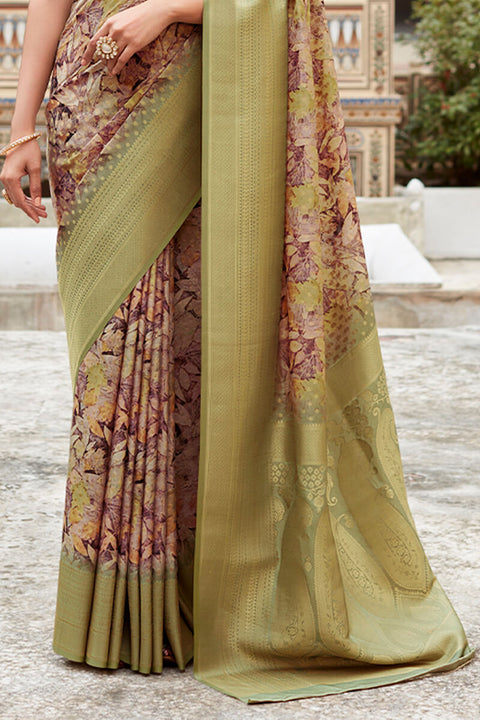 VastraLakshmi Pleasurable Mehandi Digital Printed Crape Silk Saree With Piquant Blouse Piece