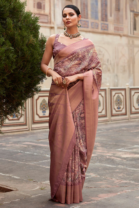 VastraLakshmi Confounding Wine Digital Printed Crape Silk Saree With Rhapsodic Blouse Piece