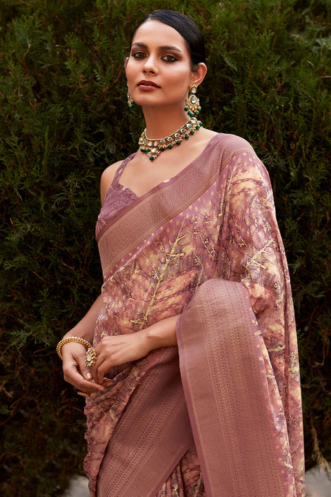 VastraLakshmi Confounding Wine Digital Printed Crape Silk Saree With Rhapsodic Blouse Piece