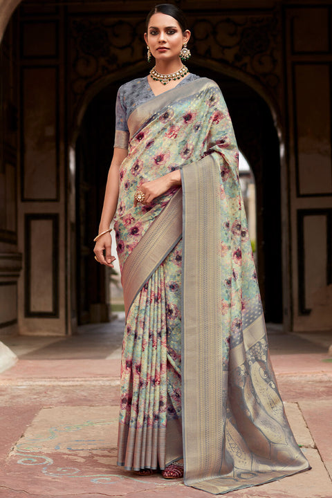 VastraLakshmi Demure Grey Digital Printed Crape Silk Saree With Radiant Blouse Piece