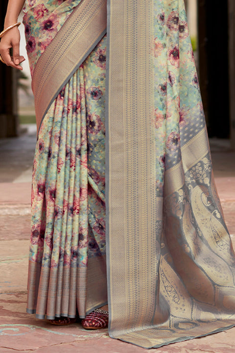 VastraLakshmi Demure Grey Digital Printed Crape Silk Saree With Radiant Blouse Piece