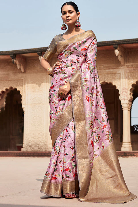 VastraLakshmi Palimpsest Baby Pink Digital Printed Soft Silk Saree With Winsome Blouse Piece