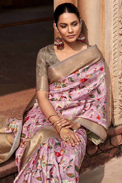 VastraLakshmi Palimpsest Baby Pink Digital Printed Soft Silk Saree With Winsome Blouse Piece