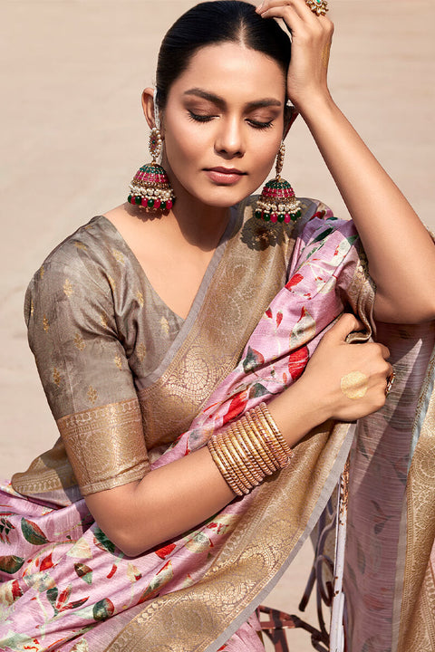 VastraLakshmi Palimpsest Baby Pink Digital Printed Soft Silk Saree With Winsome Blouse Piece