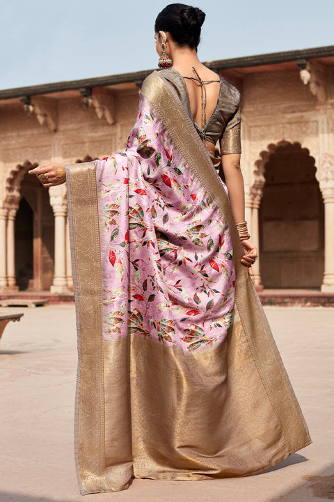 VastraLakshmi Palimpsest Baby Pink Digital Printed Soft Silk Saree With Winsome Blouse Piece