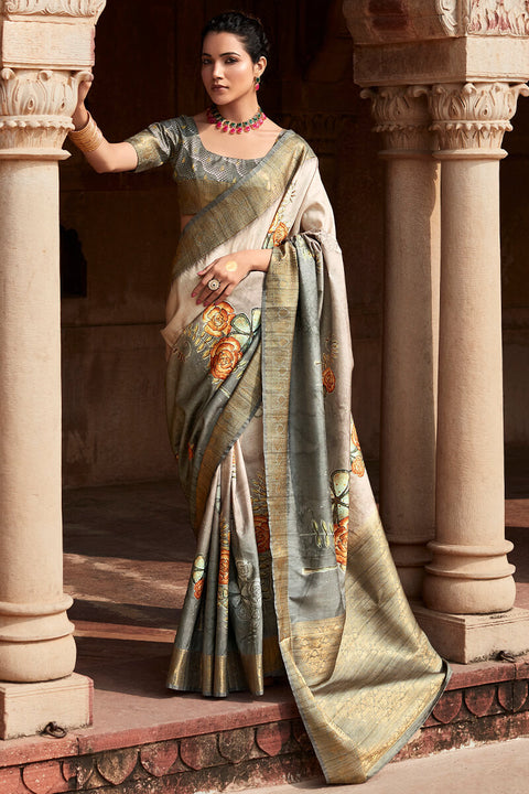 VastraLakshmi Smashing Grey Digital Printed Soft Silk Saree With Sonorous Blouse Piece