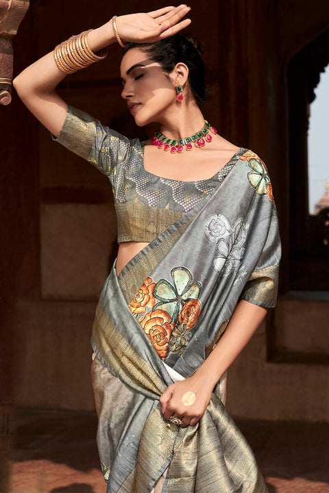 VastraLakshmi Smashing Grey Digital Printed Soft Silk Saree With Sonorous Blouse Piece