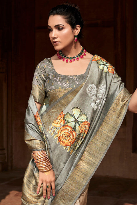 VastraLakshmi Smashing Grey Digital Printed Soft Silk Saree With Sonorous Blouse Piece