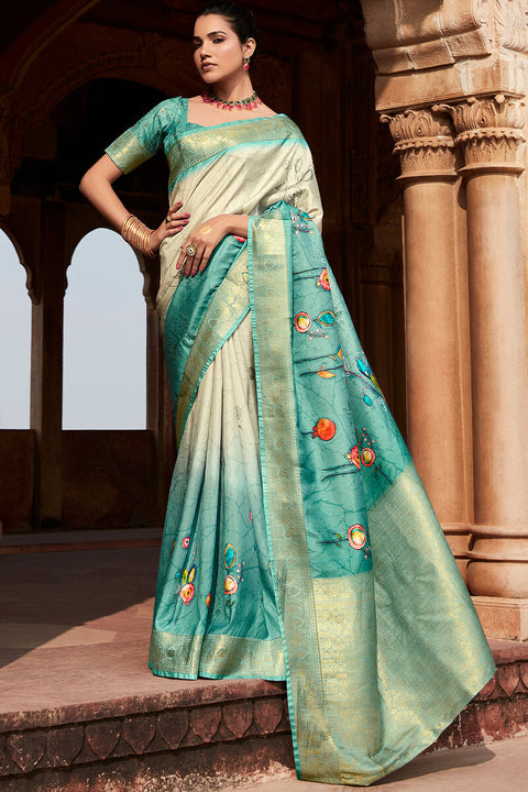 VastraLakshmi Enchanting Firozi Digital Printed Soft Silk Saree With Rhapsody Blouse Piece